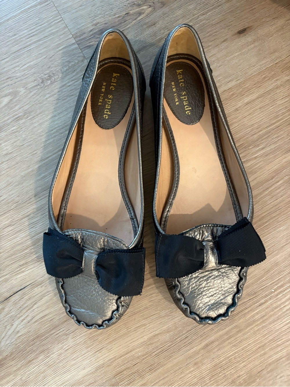 kate spade Metallic Silver Bow Loafers